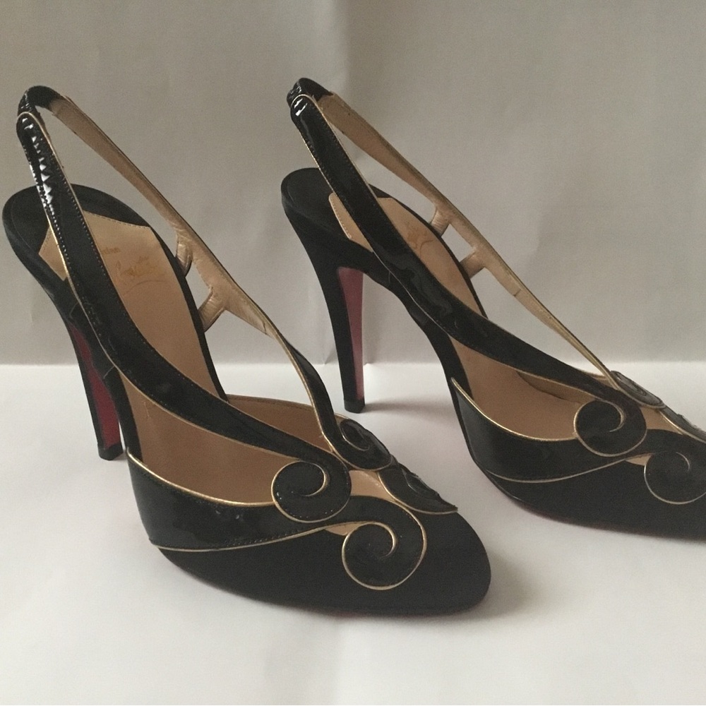 Christian Louboutin crepe satin black sling back heels size 36